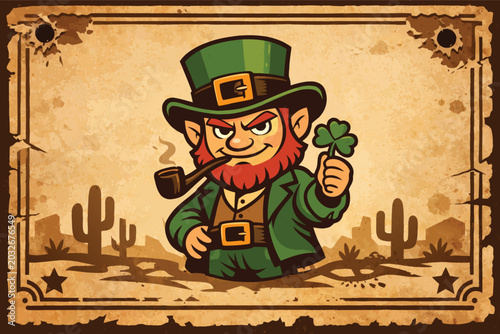 St. Patrick's Day Leprechaun Wanted Poster in Wild West Style, Vector Illustration of a Grumpy Irish Character with Pipe and Shamrock on Vintage Paper Background with Cacti and Bullet Holes.