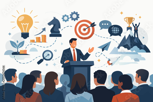Professional business leader giving a motivational speech at a podium to a diverse audience with abstract icons representing strategy, innovation, growth, success, global vision, and financial goals.