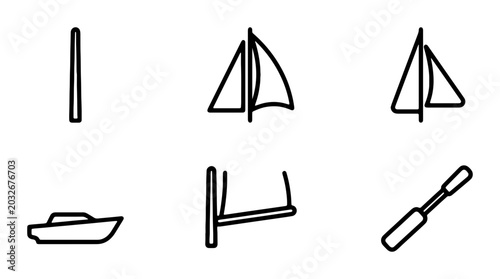 Quadro su tela Simple Nautical Icons: Sailboat, Yacht, Mast, Oar, Set, Vector Graphics