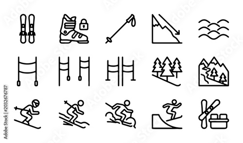 Bild auf Leinwand Skiing Icons Set: Winter Sports Equipment, Slalom Gates, Snowboarder, Mountain L