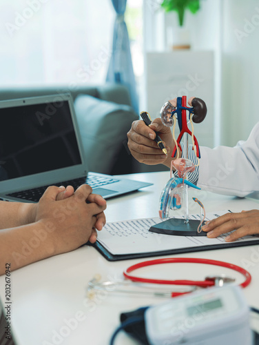 The doctor is explaining about the urinary system and medications to a patient during a men's health and prostate consultation at the clinic. (Image of the patient.)