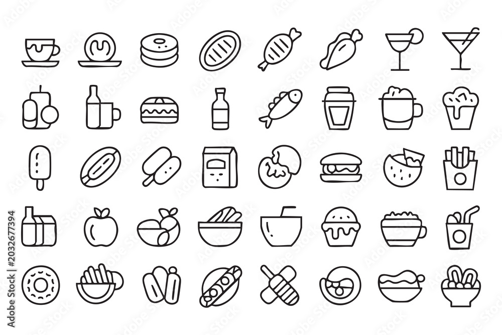 Fototapeta premium Food and Drink Icons for Menu Boards, Delivery Apps, and Catering Graphics