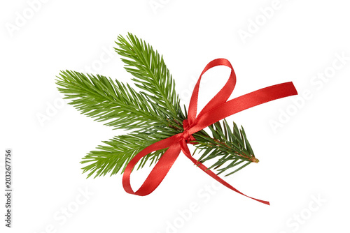 christmas tree branch decoration with red ribbon bow isolated on white or transparent png