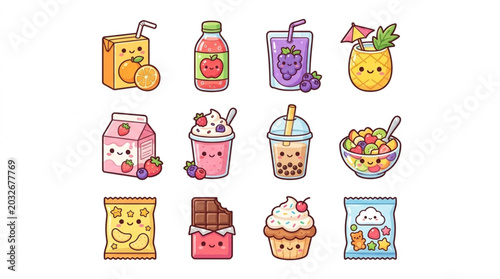 Cute Kawaii Food and Drink Illustrations Set.