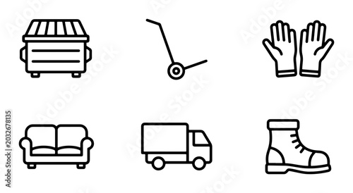 Tableau sur toile Moving Icons: Dumpster, Dolly, Gloves, Sofa, Truck, Boot, Vector Set