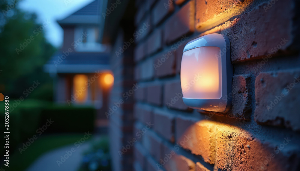 Obraz premium Outdoor motion sensor light on brick wall of house. Detects movement for home security system. Night scene with house lights visible in background.