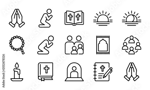 Cuadro en lienzo Christianity Icons Set: Prayer, Bible, Faith Symbols, Religious Concepts, Worshi