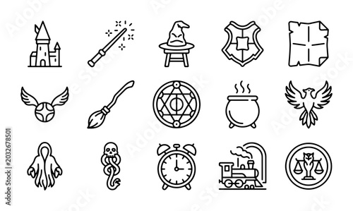 Canvas-taulu Magic School Icons, Fantasy Castle & Wizardry Symbols, Enchanted Objects Vector