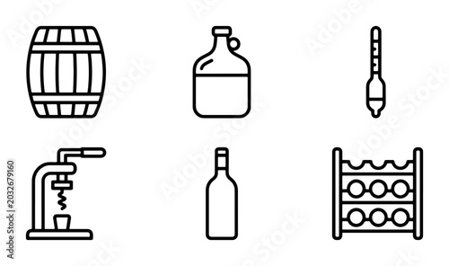 Tableau sur toile Wine Making Equipment Icons, Fermentation Tools, Barrel, Bottle Rack, Hydrometer