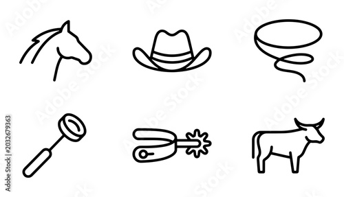 Foto Western Cowboy Icons, Rodeo Horse Hat Lasso Spur Cattle Vector Set