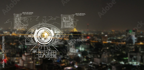 Fotografie AI surveillance eye scanning people over blurred city skyline and world map