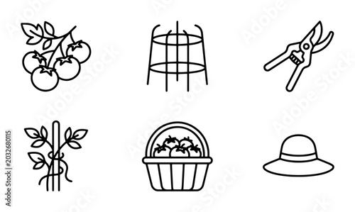 Photos Gardening Icons Set: Tomato Plant, Cage, Pruners, Stake, Basket, Hat, Vector Gra