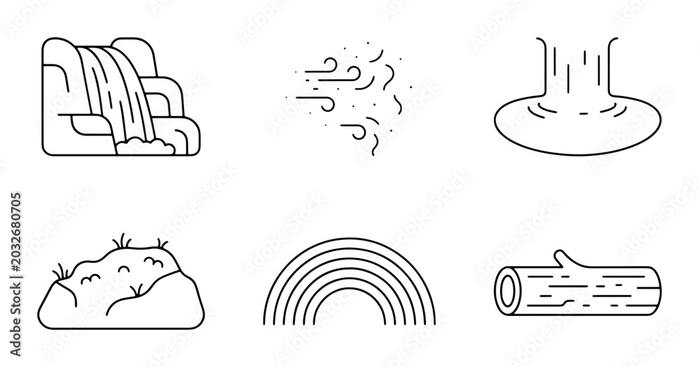 Fototapeta premium Nature Elements Icons: Waterfall, Wind, River, Rock, Rainbow, Log, Outdoor Graphics