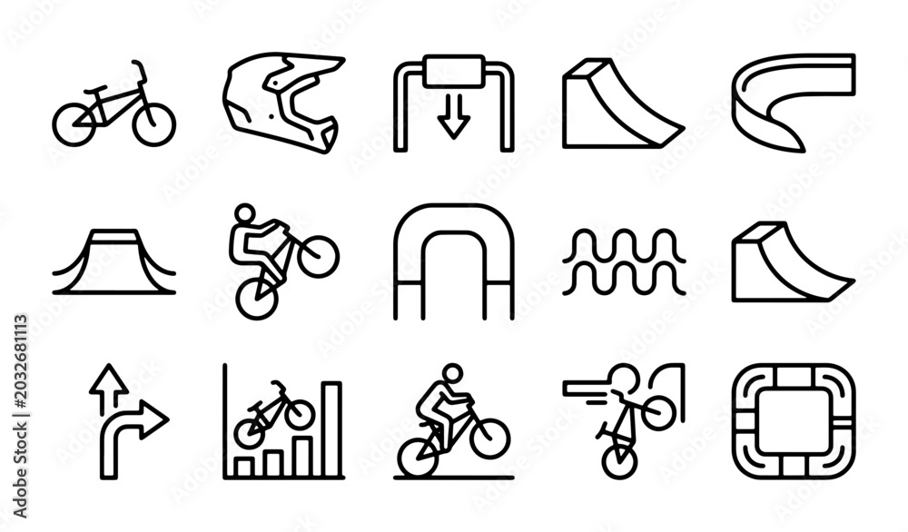 Fototapeta premium BMX Bike Sports Icons, Extreme Cycling Elements, Action Rider Graphics, Vector Set