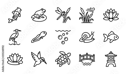 Konstfotografi Pond Life Icons: Koi, Frog, Dragonfly, Heron, Turtle, Lotus, 15 Vector Elements