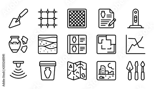 Tableau sur toile Archaeology Icons Set: Digging Tools, Artifacts, Maps, and Research Symbols