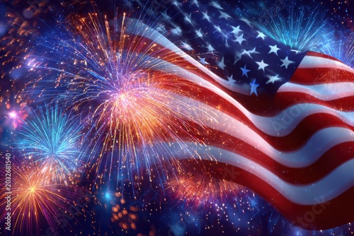American flag waving, colorful fireworks display, celebration of freedom and independence.