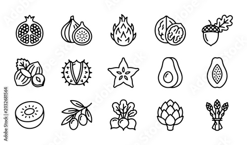 Bild auf Leinwand Fresh Fruit and Vegetable Icons: Healthy Food Graphics, Organic Produce Line Art