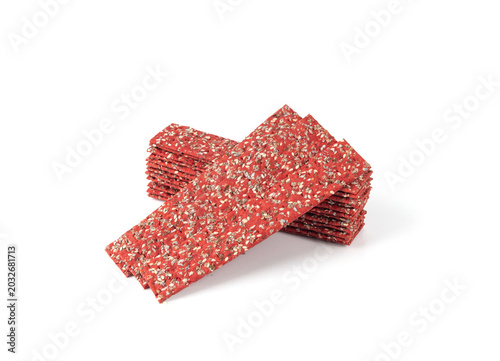 Obraz na płótnie Beetroot crackers, thin rusk beet root bread, red diet multigrain crispbread, va