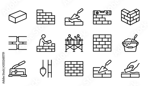 Bild auf Leinwand Masonry Icons Set: Bricklaying Tools, Construction Elements, Building Materials,