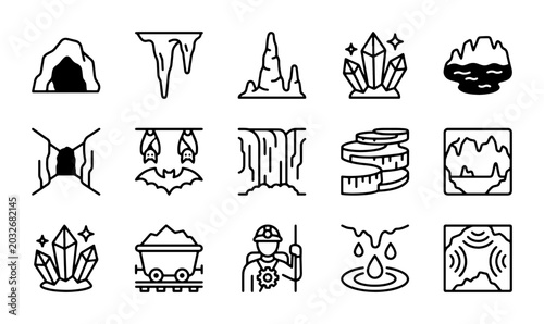 Bild auf Leinwand Cave Icons Set: Geology, Mining, Crystals, Bats, Waterfalls, Underground Explora
