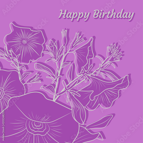 Flowers in a silver outline on a pink background. Floral background for birthday and anniversary cards. Vector illustration. Linear hand-drawn. Greeting card. Silver embossing.