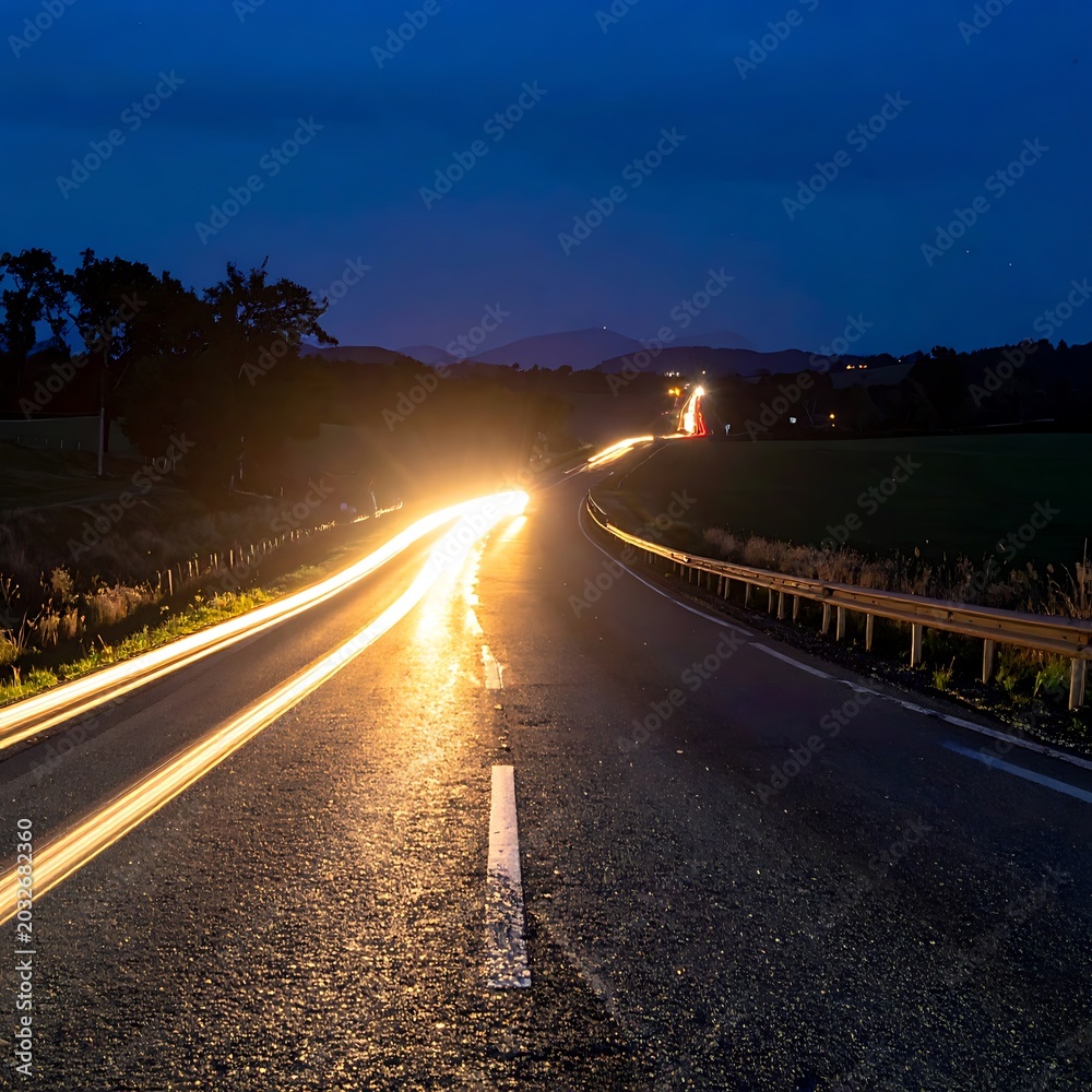 Obraz premium Dark Highway with Car Light Trails.