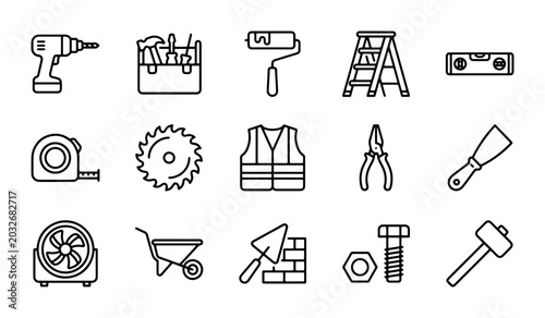 Fotografie Construction Tools Icons Set, DIY Home Renovation Equipment Vector Graphics, Bui