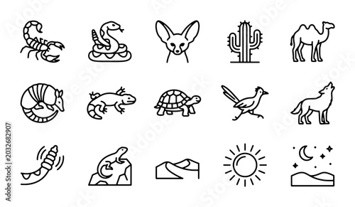 Photography Desert Wildlife Icons Set: Scorpion, Snake, Camel, Coyote, Cactus, Sun, Moon, Ni