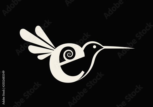 Artistic black and white minimalist depiction of a hummingbird with stylized, geometric shapes