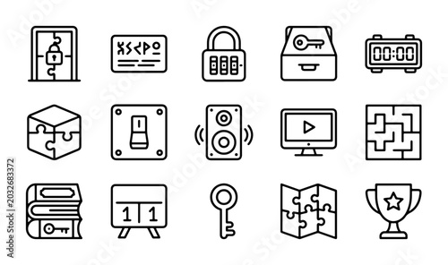 Fotografie Escape Room Icons: Puzzle, Lock, Key, Map, Trophy Vector Set for Game Design