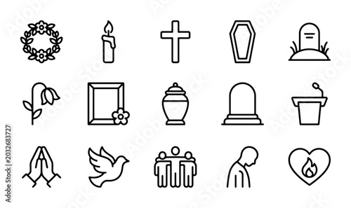 Photos Funeral Icons Set: Grief, Mourning, Remembrance Symbols, Vector Graphics for Sym