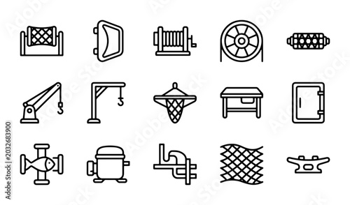 Foto Fishing Gear Icons, Marine Equipment Vector Set, Nautical Tools Collection, Ocea
