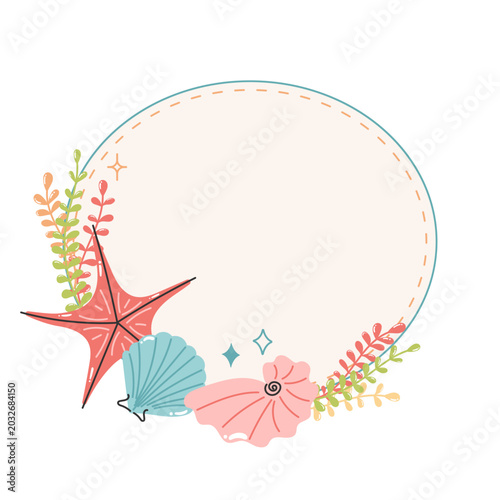 Seashell beach frame with starfish and marine plants in pastel style