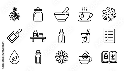 Bild auf Leinwand Herbal Medicine Icons, Natural Remedies Set, Organic Health Symbols, Botanical W