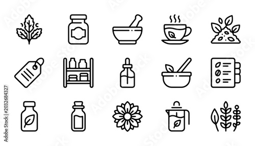 Foto Herbal Medicine Icons Set, Natural Remedies & Organic Health Symbols, Essential
