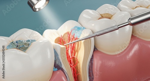 Close up of a human tooth cross section showing dental treatment with instruments and light
