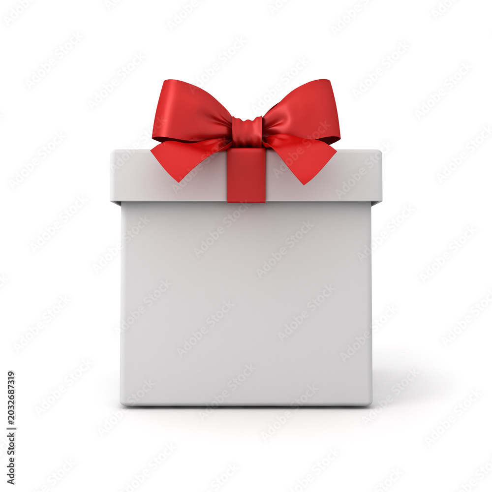 Fototapeta premium Blank white gift box or front view of white present box tied with red ribbon bow isolated on white background with shadow minimal conceptual 3D rendering
