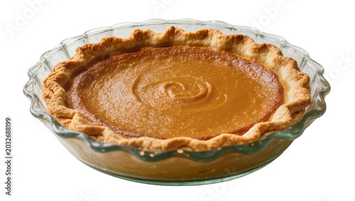 Pumpkin pie with golden crust in glass dish