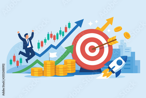 IPO Initial Public Offering Success Concept with Businessman Jumping for Joy, Financial Market Candlestick Chart, Upward Growth Arrows, Target Bullseye, Rocket Launch, and Stacks of Gold Coins