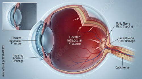 Unveiling the silent threat within the human eye depicting elevated pressure leading to optic nerve damage and glaucoma