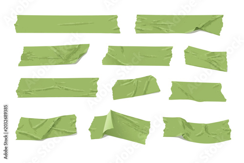 Set of Realistic Green Adhesive Masking Tape Pieces with Wrinkled Textures Isolated on White Background. Vector Illustration of Sticky Paper Strips for Scrapbooking, Design Elements, and Crafts.
