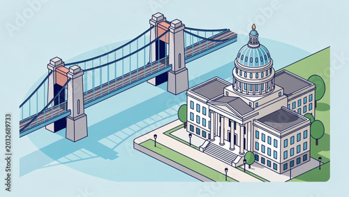 Fotografia Isometric illustration of city infrastructure with bridge and government buildin