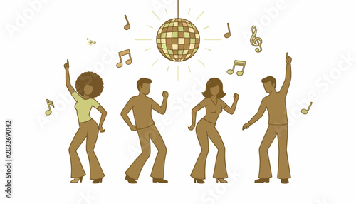 Konstfotografi Disco dance, funky people, retro illustration, 1970s style, vector graphics