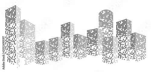 Building City Vector Modern city skyline silhouette with glowing digital elements and abstract geometric patterns creating futuristic urban building landscape on white background