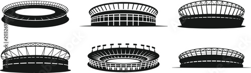 Fotografie Collection of Minimalist black sports stadium arena with floodlights for footbal