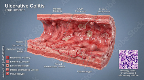 Unveiling the inflamed landscape of Ulcerative Colitis in the Large Intestine, detailing its intricate cellular turmoil
