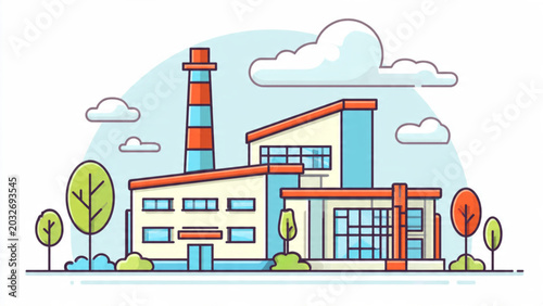 Fotografía Modern industrial factory building with colorful smokestacks and surrounding tre