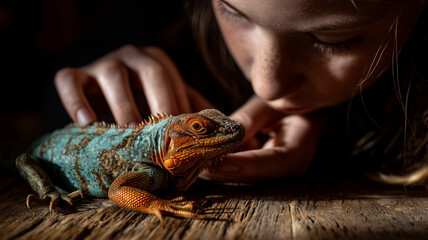 A close-up of a person playing with their pet reptile, a colorful lizard, on a wooden table