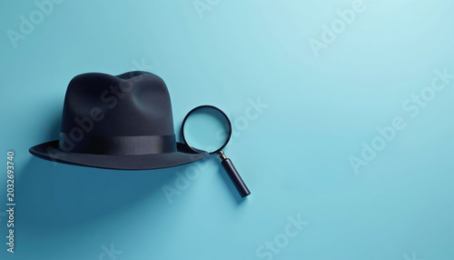 Black fedora hat and magnifying glass sit on a clean blue backdrop. Minimalist representation of investigation and research, or concept of mystery.
